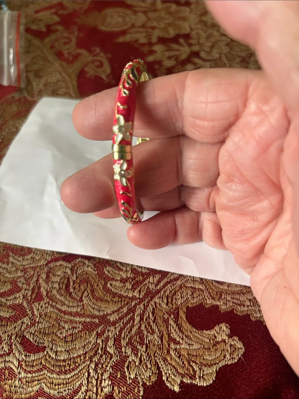 Gold-Tone Hinged Bangle Bracelet with Pink Enamel